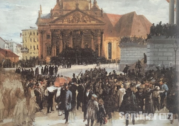 ▲ (그림 5) 3월 혁명 희생자들의 시신 안치. 아돌프 폰 멘첼. 1848년