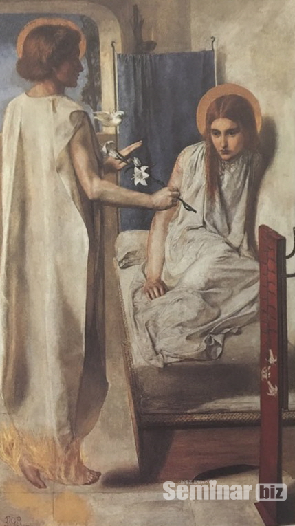 ▲ (그림 2) 주님의 여종을 보라. 단테 가브리엘 로세티. 1849~1850년