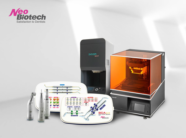 좌측부터 네오피스(로우 핸드피스), SLA Kit, SCA Kit, Zirom Speed(소결로), Neo Speed 10(3D프린터)