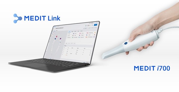 (좌부터) 메디트 사용자 플랫폼 ‘메디트 링크’, 3D 구강 스캐너 신제품 ‘i700’