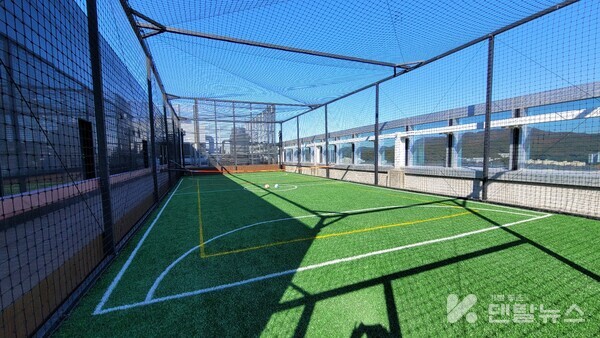 덴티움 사옥 외부에 농구장과 축구장을 갖추고 있다.