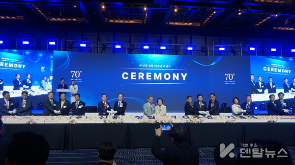 창립 70주년을 맞은 신흥이 이용익 회장(가운데왼쪽)과 모친 이양순 여사(오른쪽) 와 내빈들과 함께 떡 컷팅식을 진행하고 있다. 