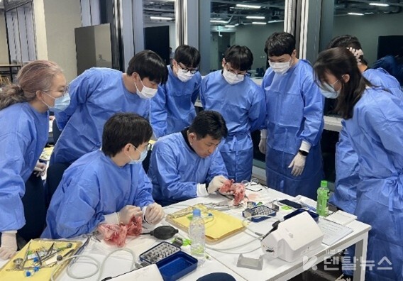 참가자들은 돼지 뼈(Pig jaw)를 활용해 브라이트 임플란트 Tissue Level·Bone Level 식립 과정과 Simple GBR을 직접 실습하는 시간을 가졌다. 덴탈뉴스
